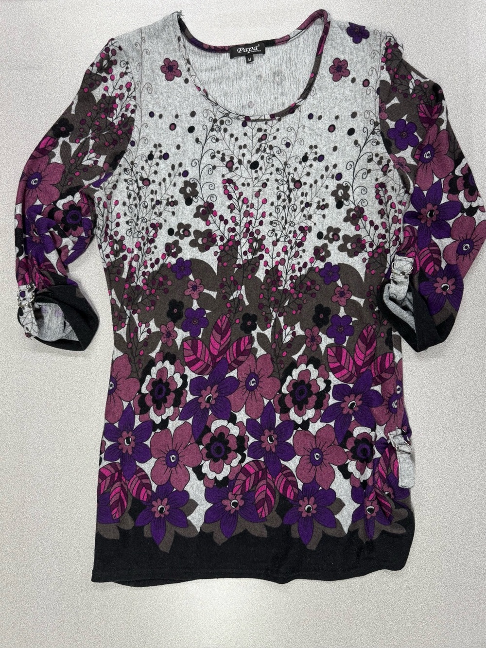 Papa Vancouver Women's Purple Floral Scoop Neck Tunic Cinch 3/4 Sleeve Side